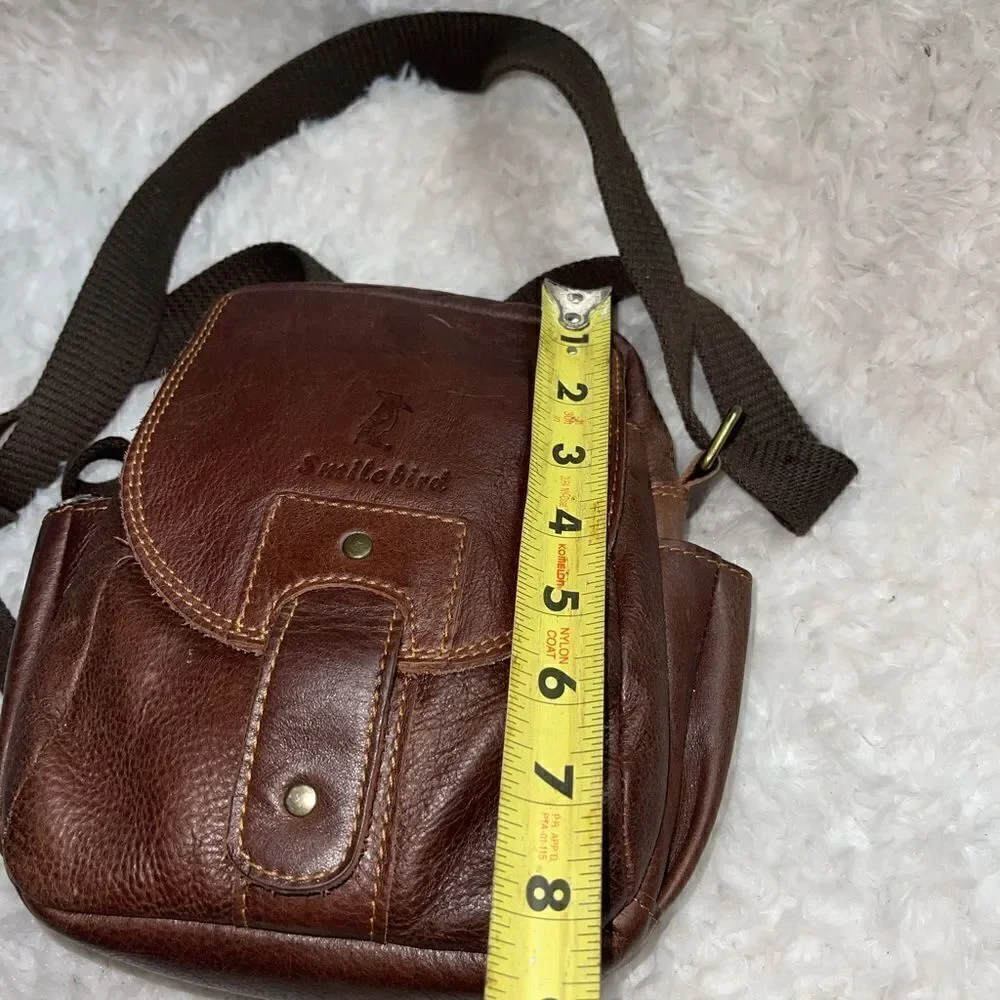 Smile Bird Leather faded Brown Men small messenger bag .Nylon adjustable strap.